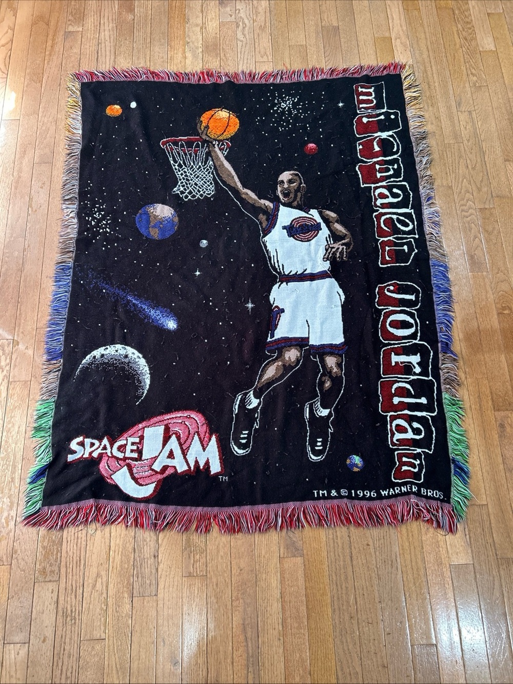 Vintage Space Jam Throw 1996 Blanket Trim Tapestry Fringe Movie Michael Jordan